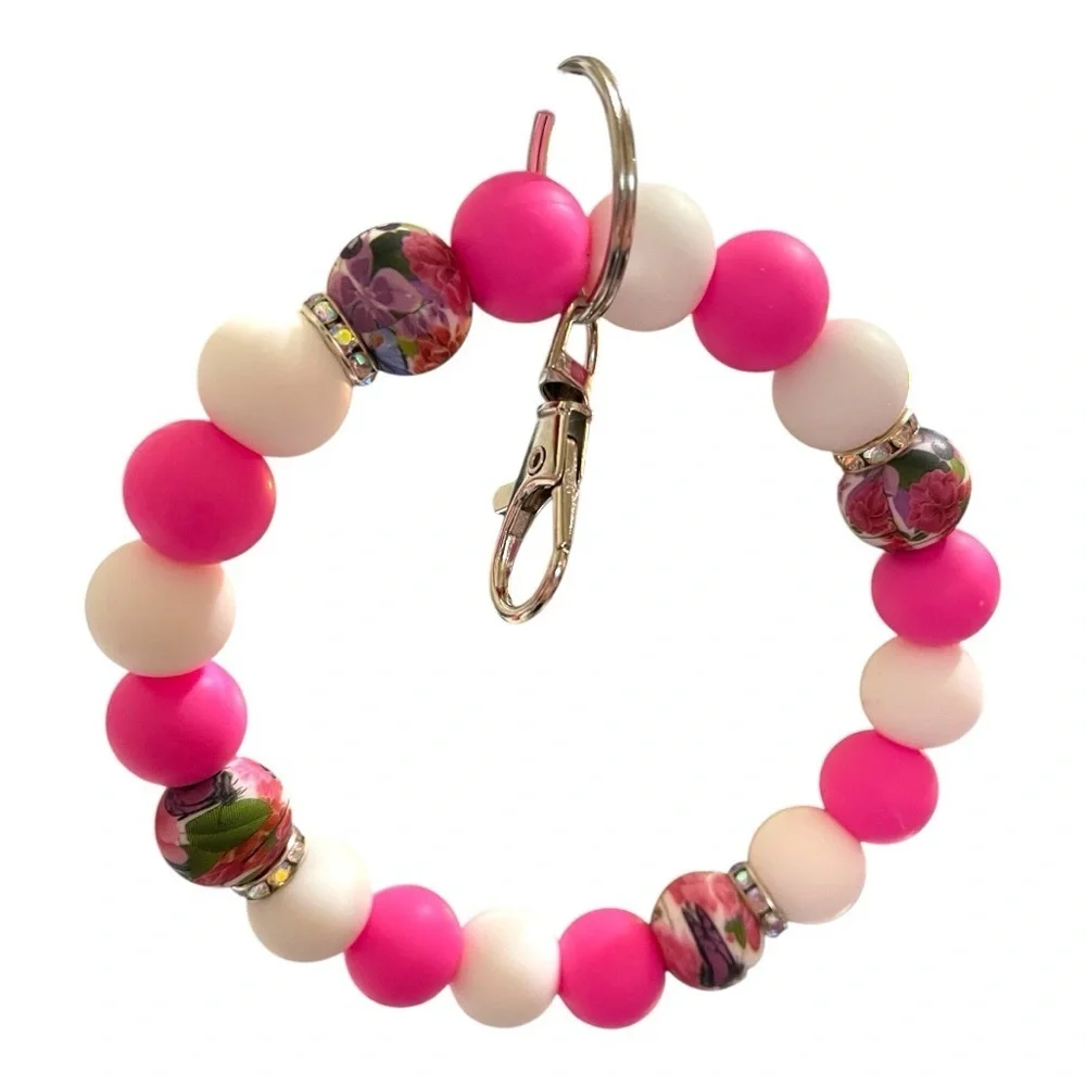 Pink & White Beaded Bracelet Keychain with Floral Accents